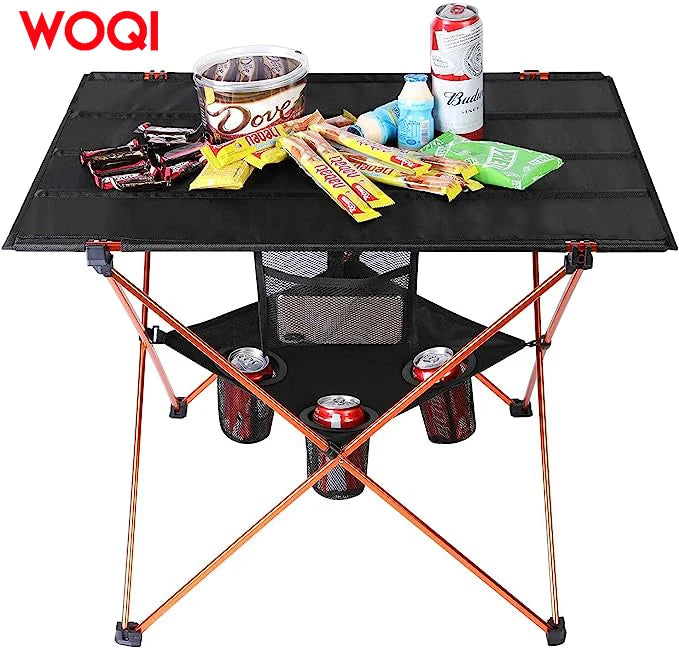 WOQI Folding Camp Table Large Portable Camping Table with 4 Cup Holders and Carrying Bags for Indoor and Outdoor BBQ Beach