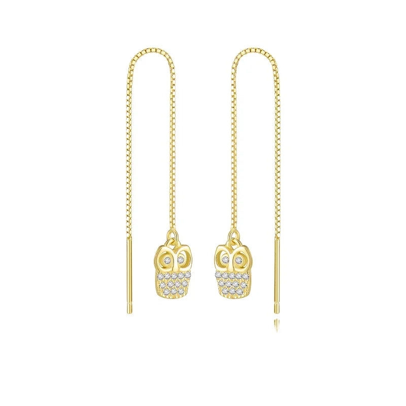 S925 Statement Earrings Owl Shape 18K Gold Plated Long Pendant Dangle Earrings 925 Silver