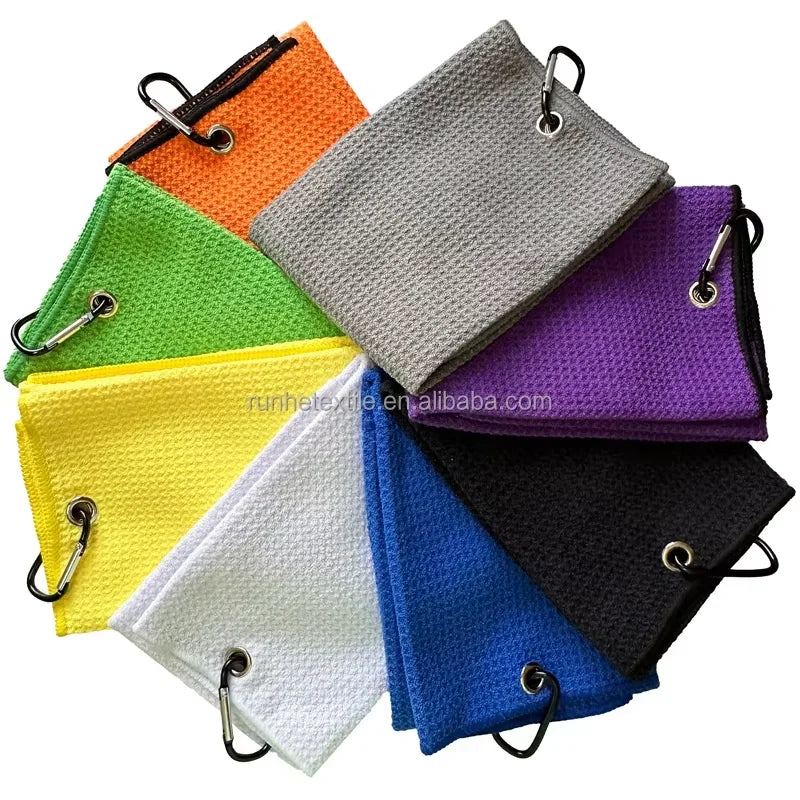 Golf Towels Custom  Personalised Microfiber Waffle Golf Towel Custom logo with Grommet and Hook Carabiner and Golf Brush Set