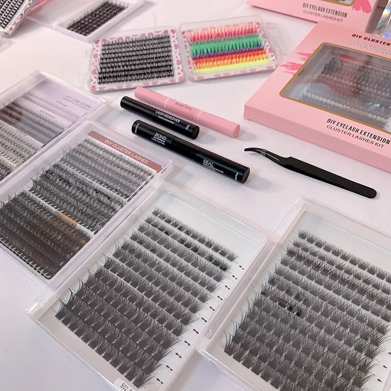 Custom Label 8-16mm Individual Segment Eyelashes Extension Kit C D Curl Pre-Cut Wispy DIY Cluster Lashes Extensions