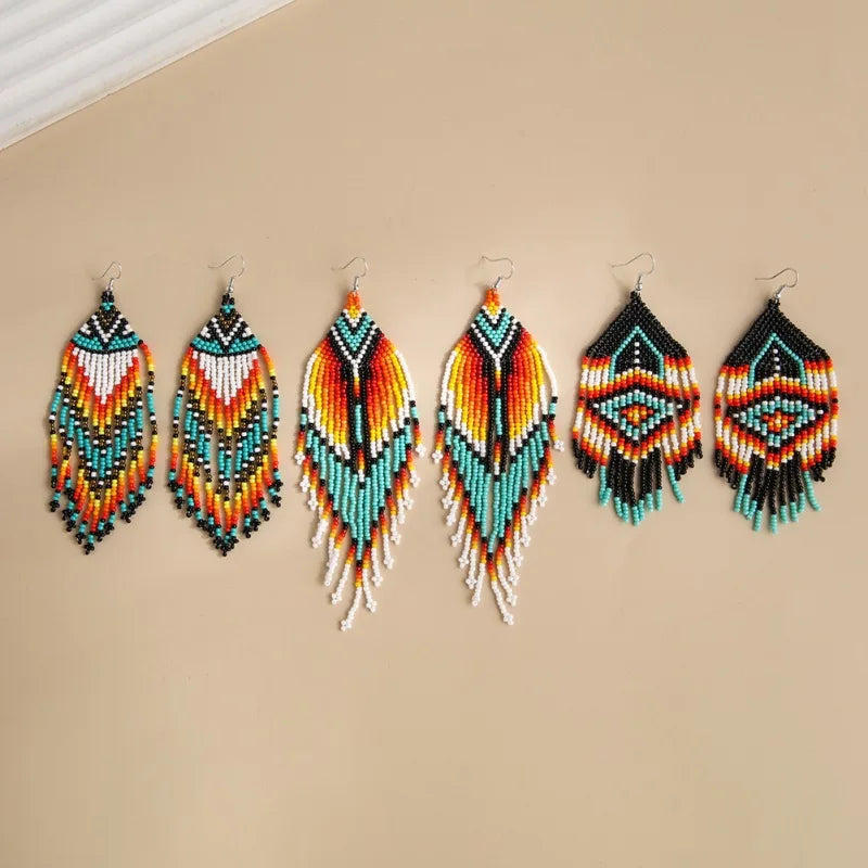 Ethnic Style Seed Beads Tassel Earrings Bohemian Hand-Woven Long String Beads Pendant Women's Earrings Wholesale