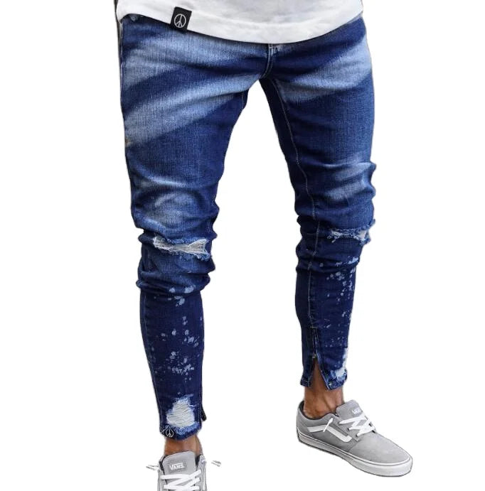 European and American Ripped Jeans Men's Painted Zipper Personality Slim-fit Small Leg Jeans