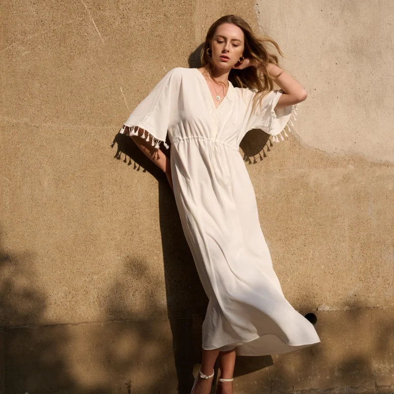 2026 Summer Short Sleeve Dress Drawstring Waist Boho Chic Maxi Dress Lace V Neck Tassel Dress for Women