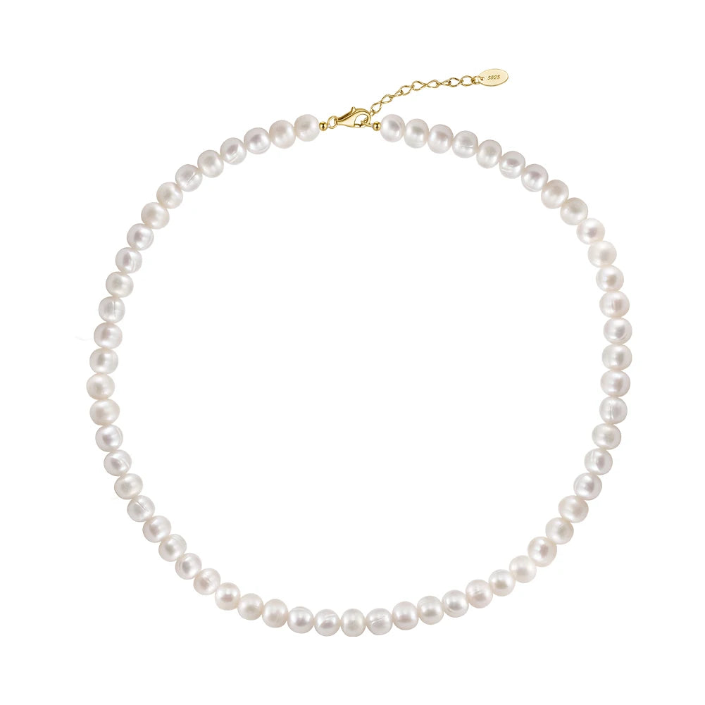 Fashion 925 Sterling Silver 5-6MM Round Natural Freshwater Pearl Gold Plated Necklace Jewelry for Women