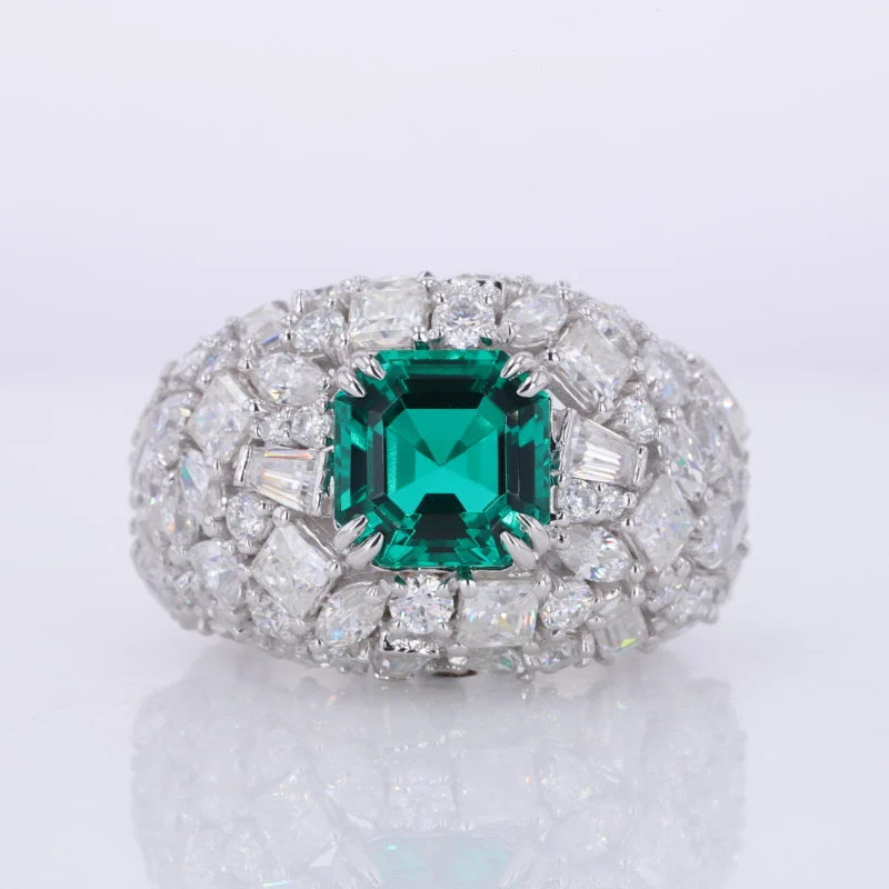 Luxury Lab Emerald  Stone Ladys Christmas Gifts with Asscher Cut  Lab Emerald & pink Tourmaline & Moissanite Stone Ring