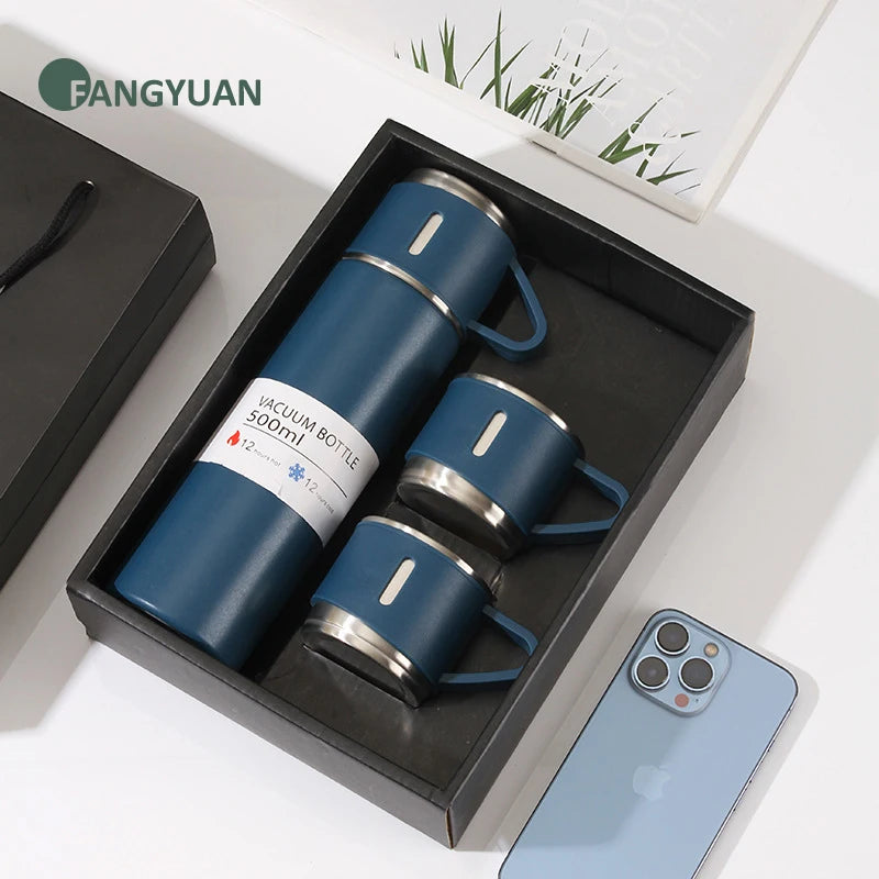 FANGYUAN Bpa Free 3 Lids 500ml Thermos Stainless Steel Hot Cold Portable Vacuum Flask Set Water Bottles for Business Gift