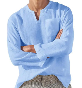 Spring Men's Long Sleeve V-neck Casual Tops Solid Color Beach Shirts Factory Directly Sale Price
