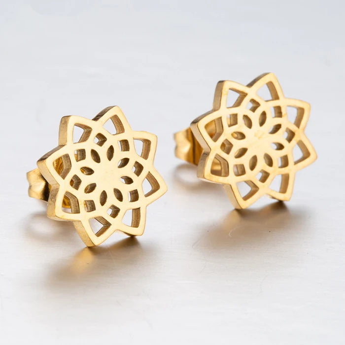 Bohemian Ear Piercing Jewelry 18K Gold Plated Lotus Flower Stud Stainless Steel Mandala Flower of Life Stud Earrings for Women