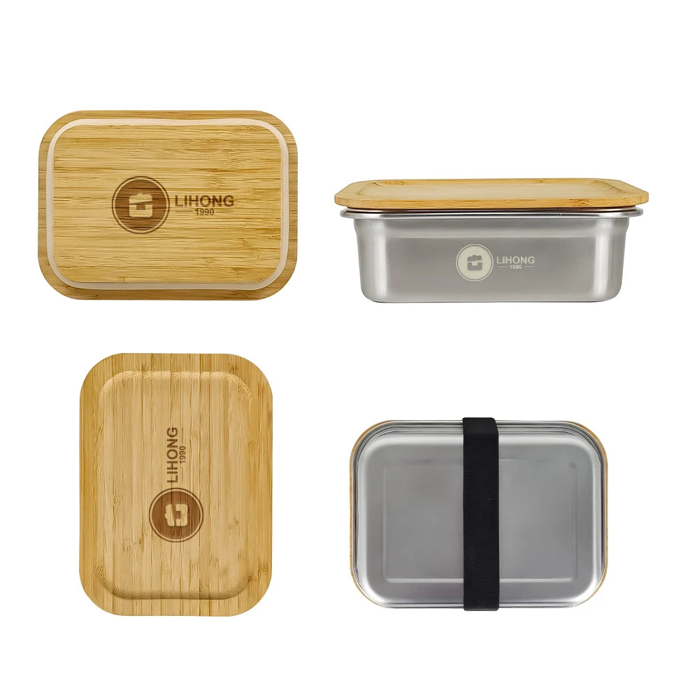 Lihong Custom Logo Bamboo Lunch Box Stainless Steel Bento Lunch Box Microwave Safe Metal Bamboo Fiber Lunch Box for Adults Kids