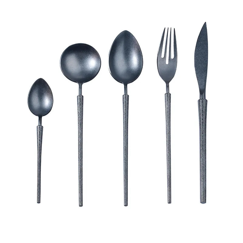 18/10 High End Luxury Handle Gold Rose Black Stainless Steel Vintage Silverware Cutlery Set Flatware for Rental Wedding Party