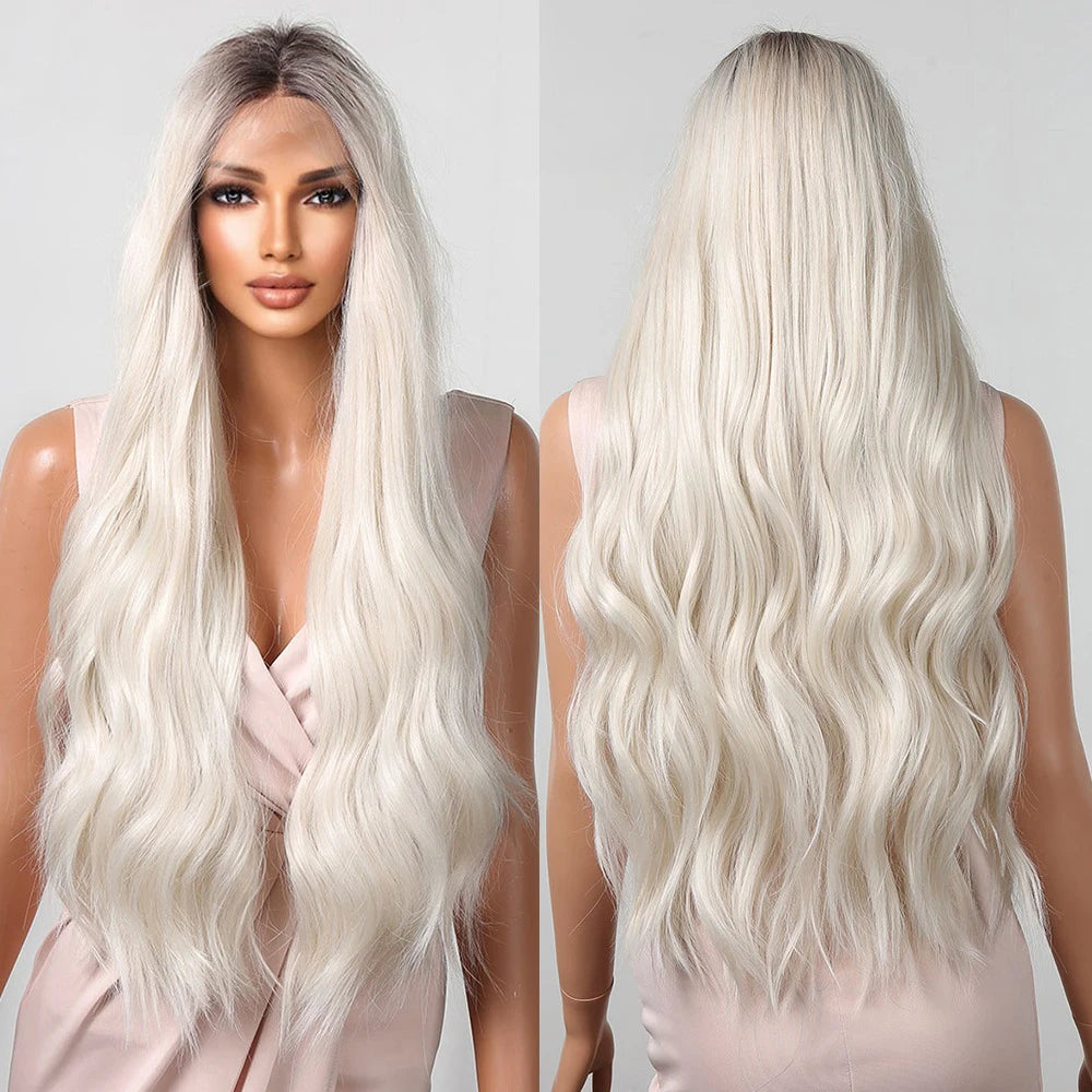 Japan Fiber Long Curly Synthetic Lace Wig Platinum White Natural Wave Futural Wig with Dark Roots for Women Heat Resistant Lace