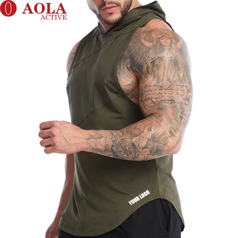 AOLA Casual Sleeveless Men's T-Shirts & Tank Tops Hooded Vests Quick Dry Breathable Spandex/Polyester Gym Fitness Sport Clothing