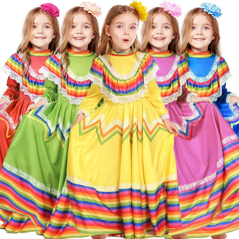 Girls Traditional Mexican Dress National Style Dancer Fancy Princess Costume for Carnival Party for Children Age Group