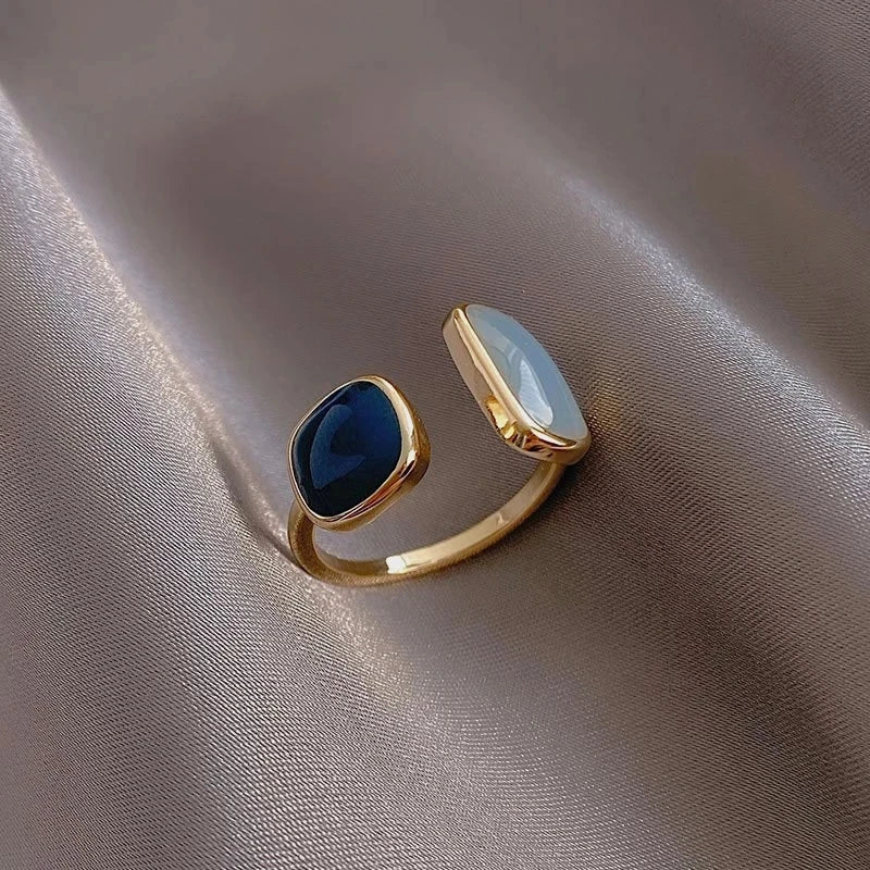SC Fashion Gold Plated Finger Rings Women Adjustable Opening Rings French Retro Geometric Square Green Blue Oil Dripping Rings