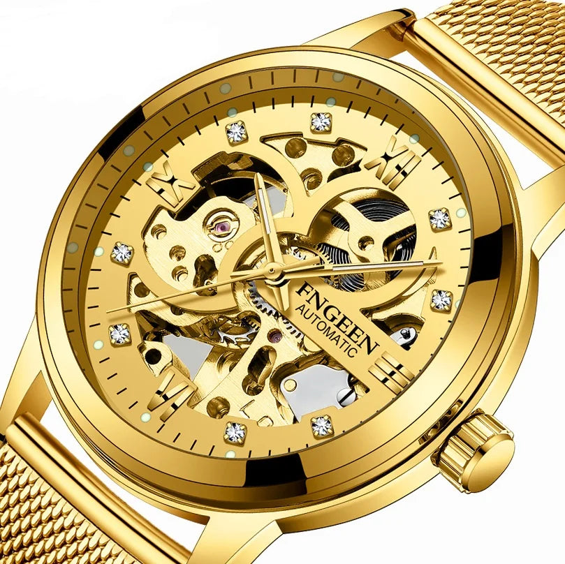 FNGEEN 6018 New Top Men Sport Mechanical Watches Luxury Stainless Steel Skeleton Crystal Dial Automatic Watches Clock Mens