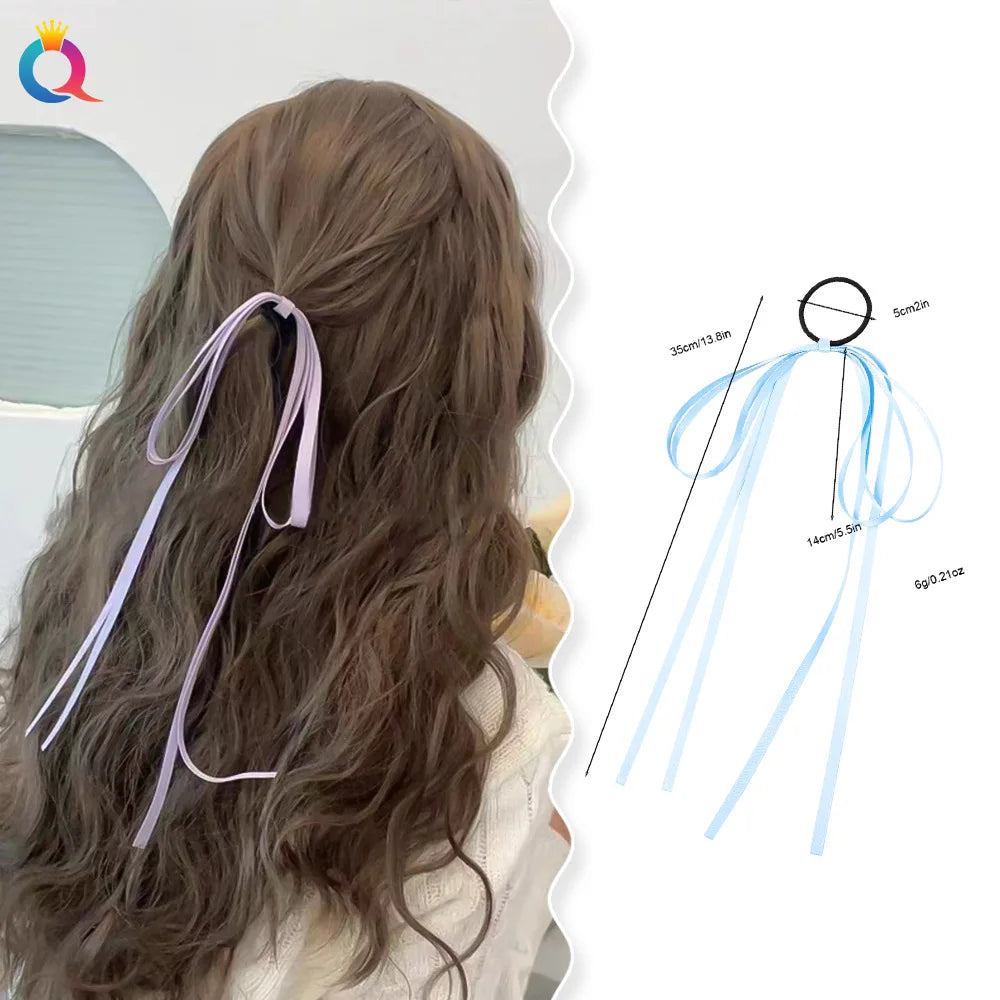 Qiyue Thin Long Hair Satin Ribbon with Black Elastic Hair Tie Women Hair Decoration