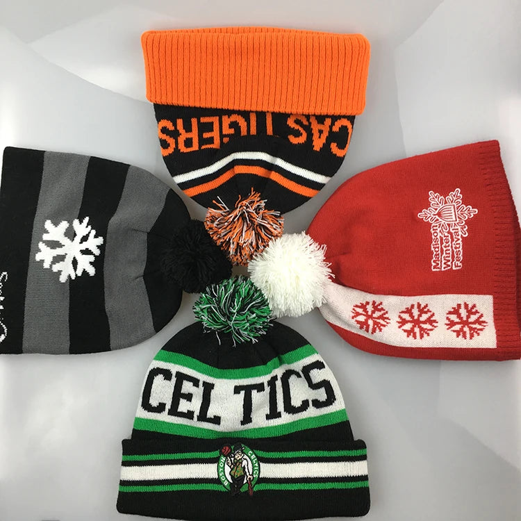 Good Quality Jacquard Winter Beanie Hat Bobble Hat 100% Acrylic Custom Jacquard Beanie Embroidery Knitted Hat Pom Pom Ball