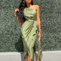 One Shoulder Bodycon Dress Satin Surplice Ruched Casual Women Dress Elegant 2022
