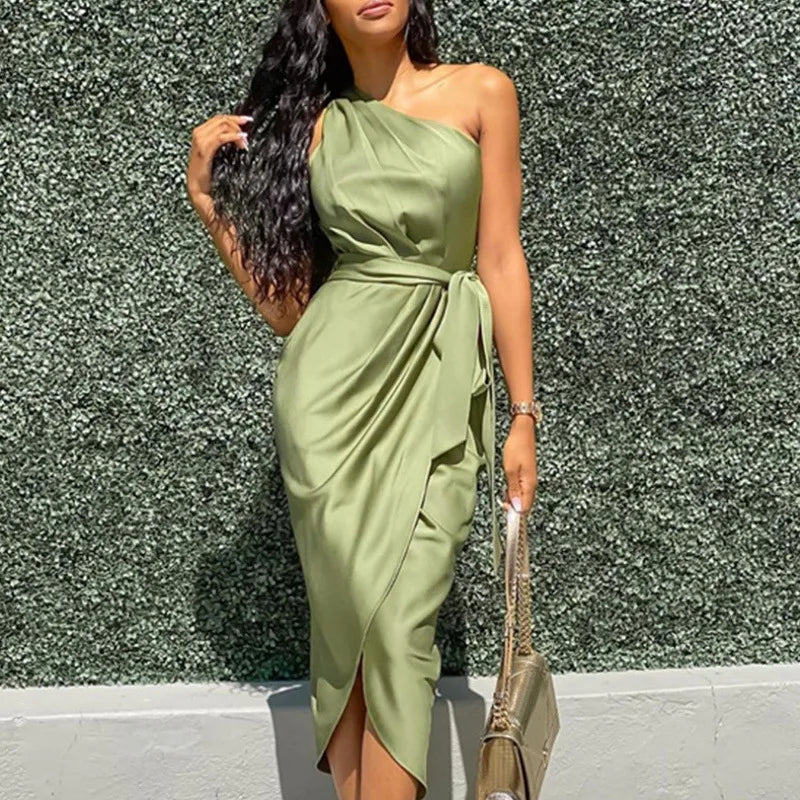 One Shoulder Bodycon Dress Satin Surplice Ruched Casual Women Dress Elegant 2022