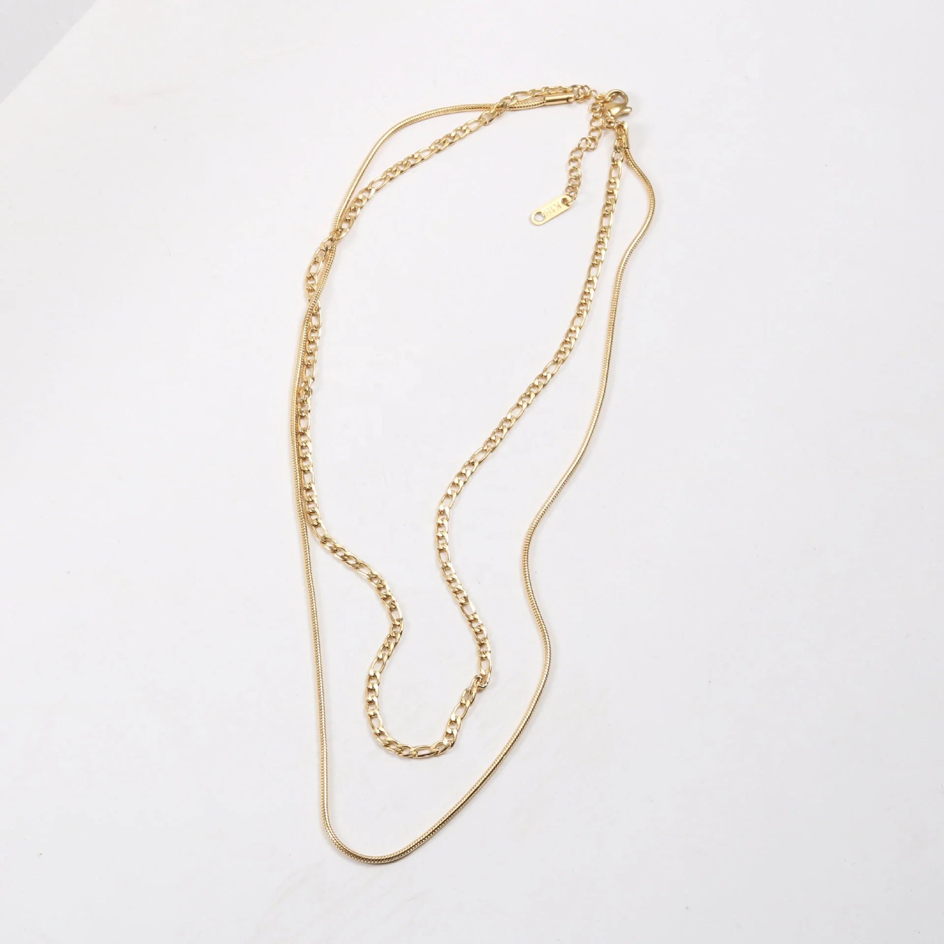 Fashion Stainless Steel 18K Gold Plating Figaro Round Snake Chain Two Layer Necklace