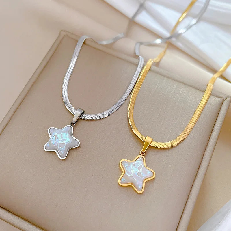 Real 18K Gold Plated Flat Snake Chain White Pentagram Shaped Necklace Stainless Steel Star Necklace