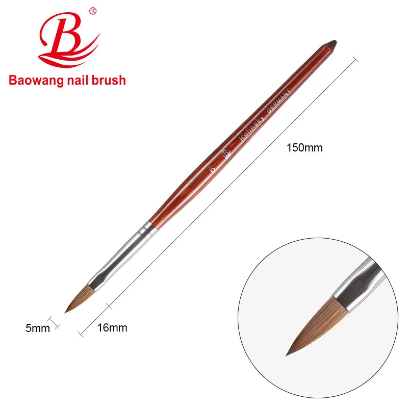 2025 Hot Selling Red Wooden Handle Kolinsky Brush and Acrylic Brush with Kolinsky Hair Size 6 by Nail Brush Manufacturer BW12