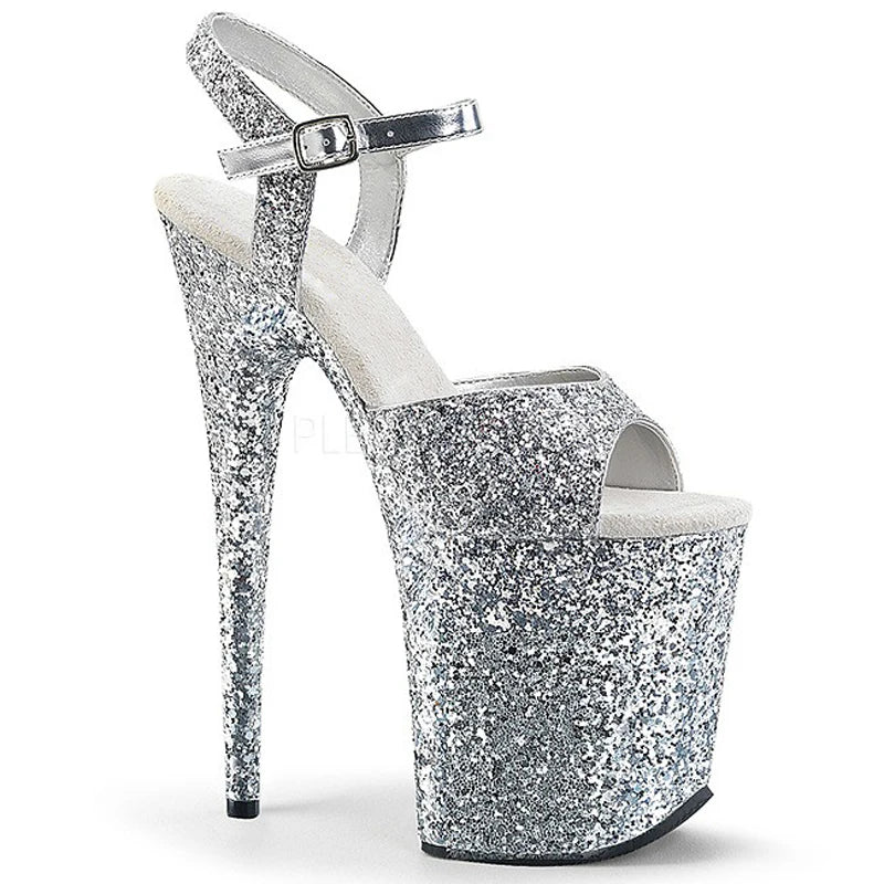 20cm Super High Crystal Glitter Platform Dance Shoes Large Size Fashion Peep Heels for Summer Nightclubs Waterproof Thin Heel