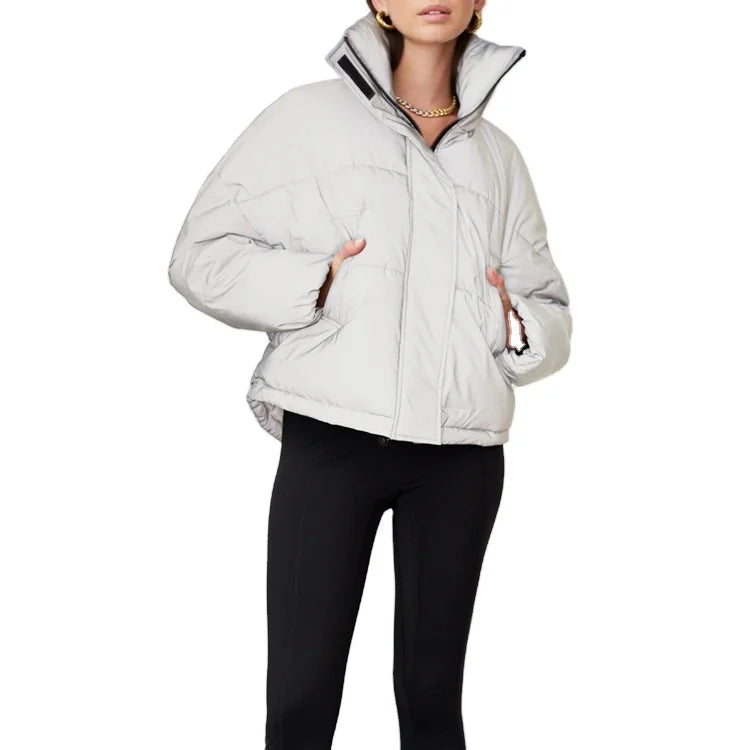 Custom Winter Crop Top Down Jacket for Women Must-Have Reflective Puffer with Reversible Waterproof Windproof Knitted Feature
