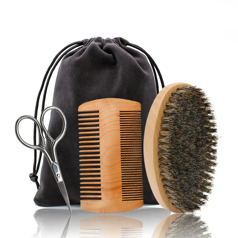 3pcs/set Men's Boar Bristle Beard Brush Wood Comb and Mustache Scissor Kit with Shaving Brush Gift