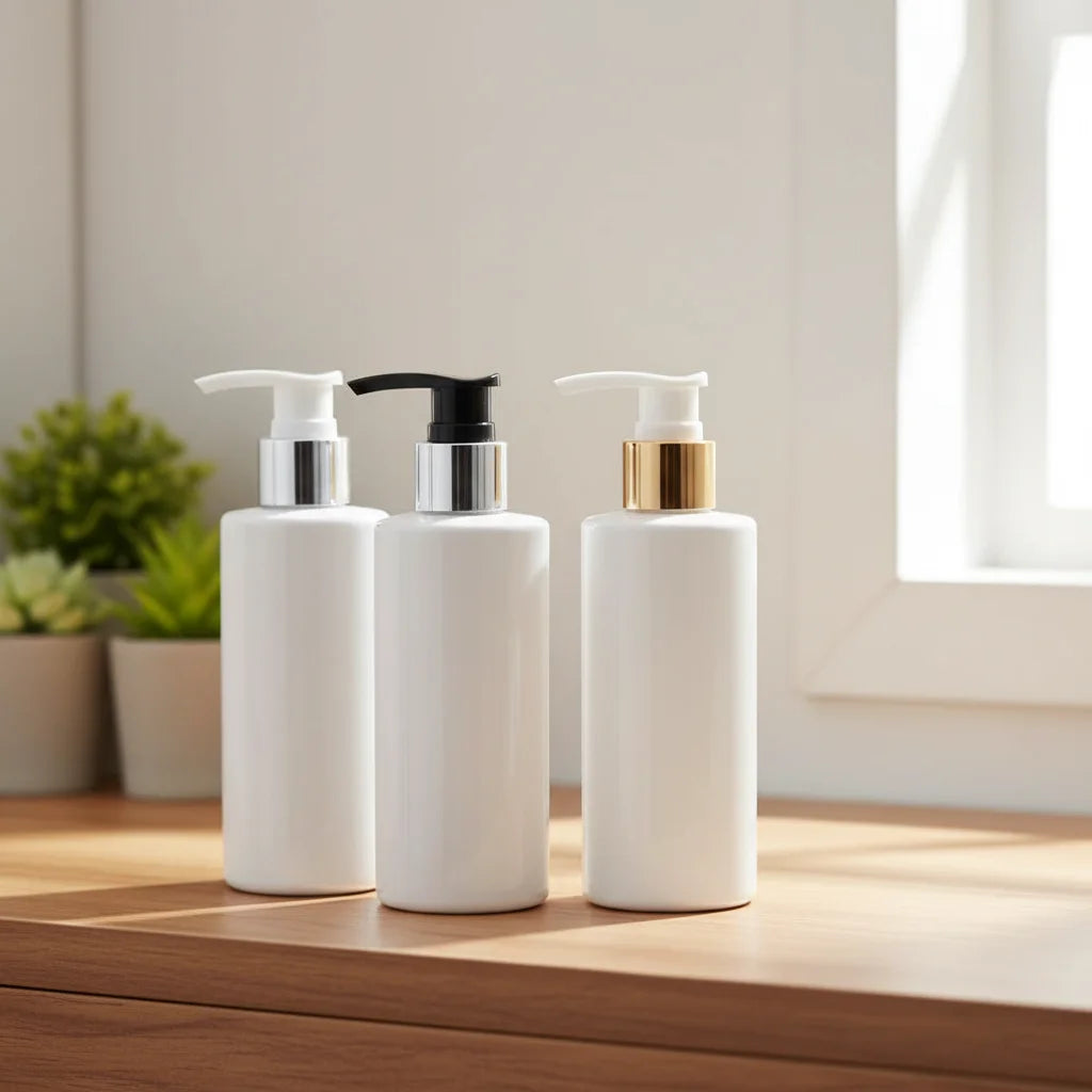 Gold and White 100ml 150ml 200ml PET Plastic Pump Sprayer Bottles for Lotion Oil Cleanser Face Mask & Shampoo Empty Bottles