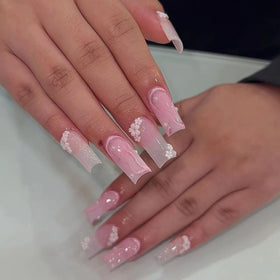 D-71 24 Piece Medium Square Pink Series Flower Dot Diamond Pattern Design ABS OEM Artificial Fake Nail Pressing Ballet Finger