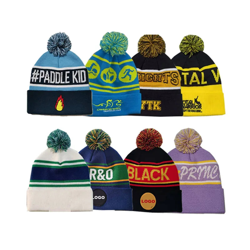 Custom Beanie/100% Acrylic Your Own Embroidery Logo Jacquard Letter Knitted Beanie Hat Custom Winter Hat With Pom Pom