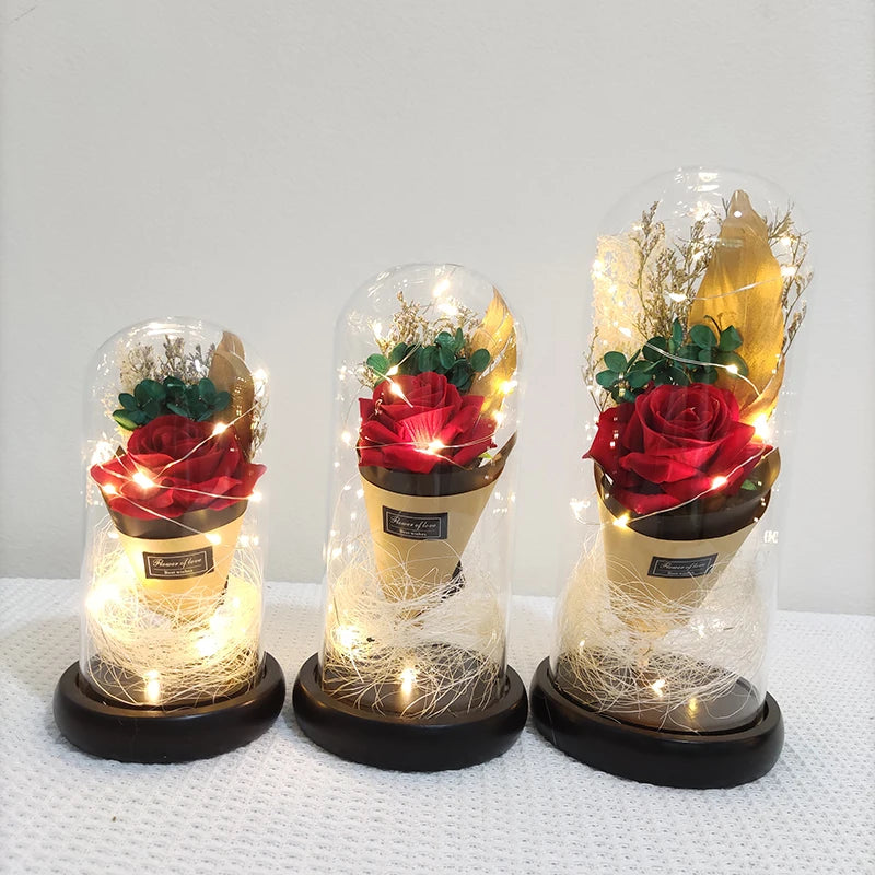 Wholesale High Quality Artificial Silk Flower in Glass Dome With Led Light for Wedding Party Christmas Gift