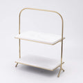 Wholesale Customized 2 Tier Square Marble Slate Cake Stand Serving Trays With Gold Stainless Steel Plating Stand for Tea Dessert