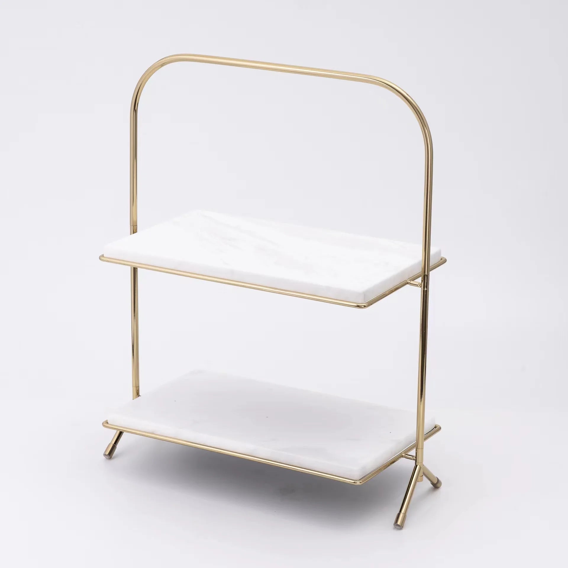 Wholesale Customized 2 Tier Square Marble Slate Cake Stand Serving Trays With Gold Stainless Steel Plating Stand for Tea Dessert
