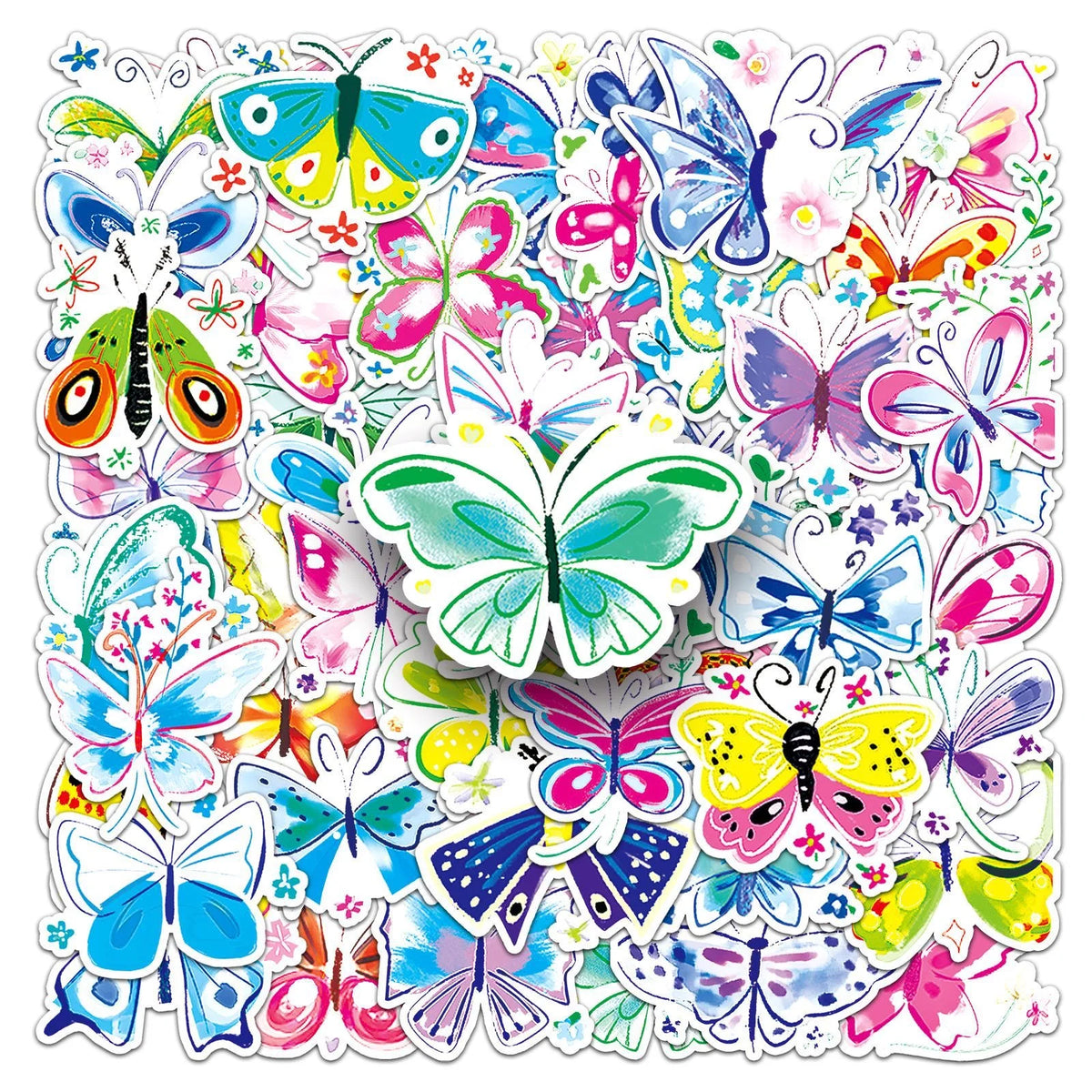 50pcs Hand-painted butterfly Doodle PVC Waterproof Graffiti Animal Sticker Packs for Kids Refrigerator Laptop Luggage Noteboo