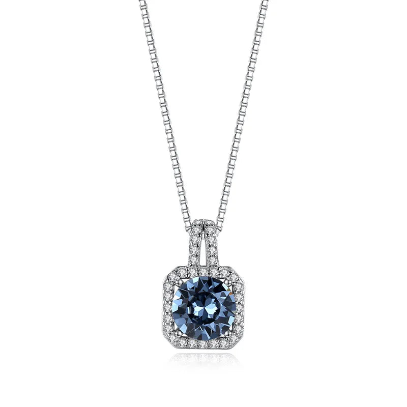 NEW Necklace for Women Crystal Diamond 925 Silver Plated Platinum Blue Gem Necklace