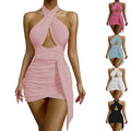 2023 European and American Women's New Summer Open Back Pleated Sexy Style Wrapped Hip Dress