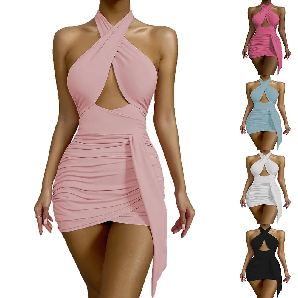 2023 European and American Women's New Summer Open Back Pleated Sexy Style Wrapped Hip Dress