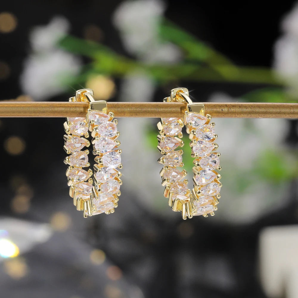 Huitan Fashion Hoop Earrings Girls Lady Many Pear Diamonds Full Around Crystal Cpear Zircon Silver Gold Beautiful Earrings Women