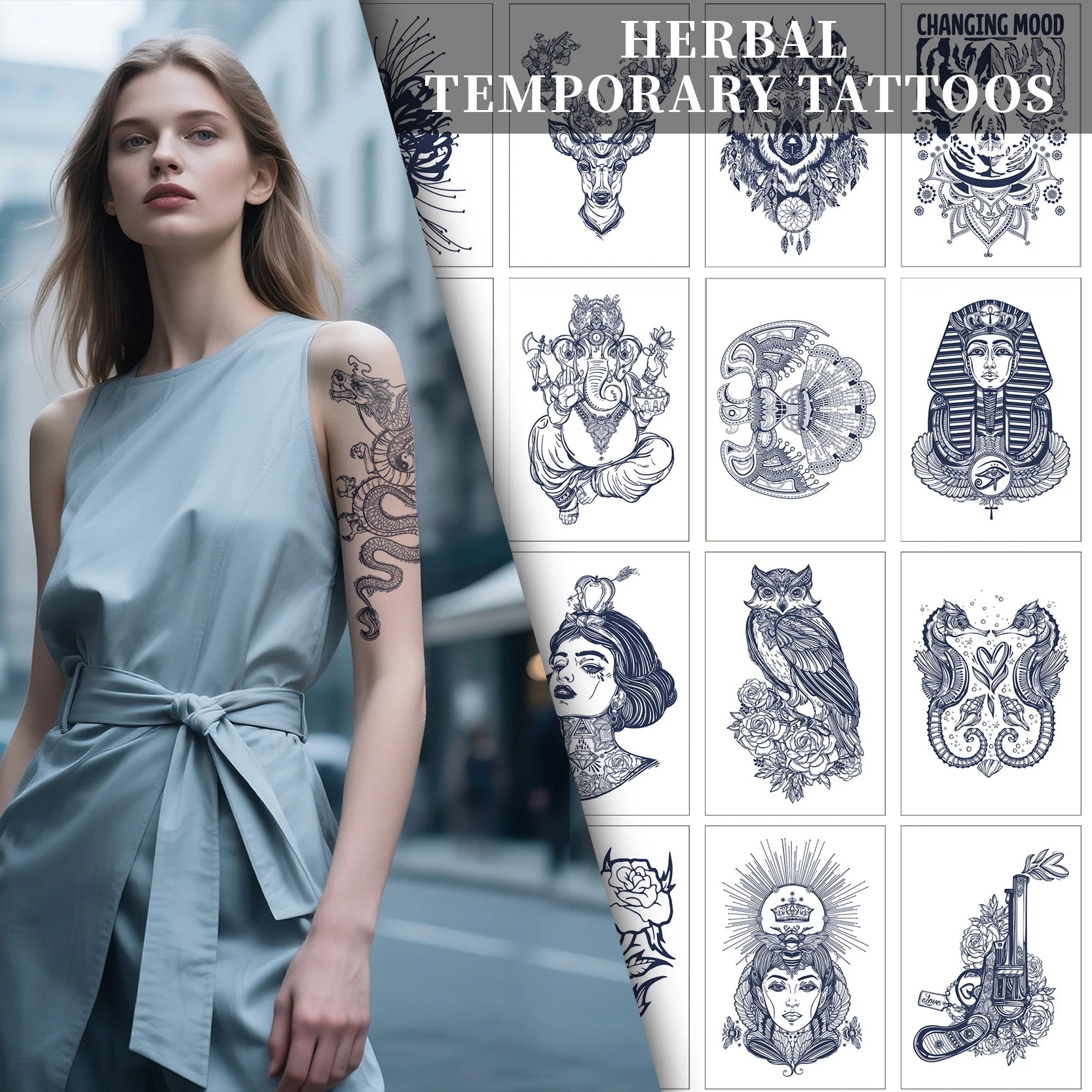 Natural Herbal Semi-Permanent Tattoo Sticker - Waterproof Arm Sleeve Design Non-Toxic Body Art Lasts 2 Weeks
