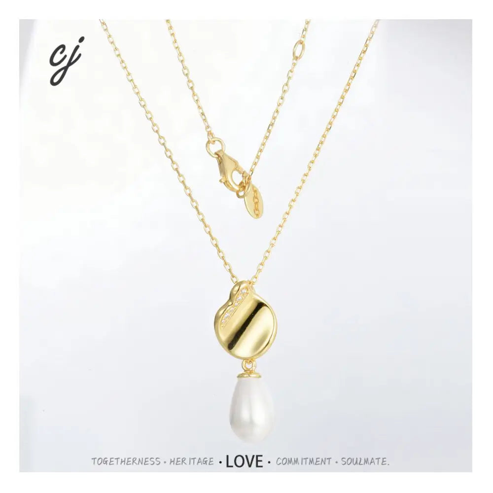 Carline Topsale Fine Jewelry 925 Sterling Silver Flat Back Oval Pearl Necklaces Gold Plated Pearl Pendant Necklace for Women