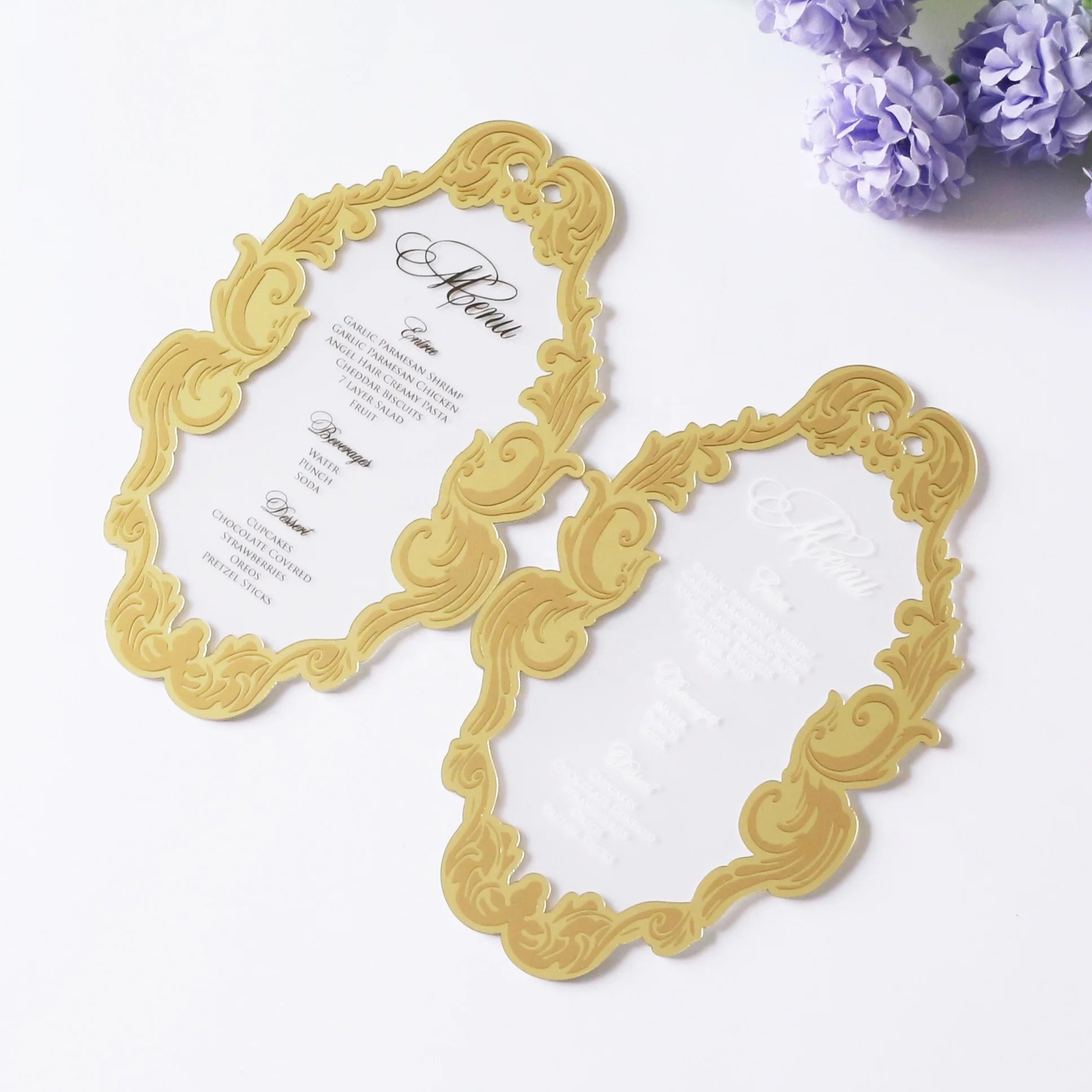 2026 Personalized Design Frosted Acrylic Menus Laser Cut Gold Acrylic Edge Luxury Transparent Acrylic Wedding Menu Cards