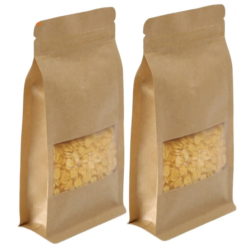 Custom Flat Bottom Stand up Zipper Brown Kraft Paper Resealable Nuts Food Doypack Packaging Pouches Bag With Clear Window