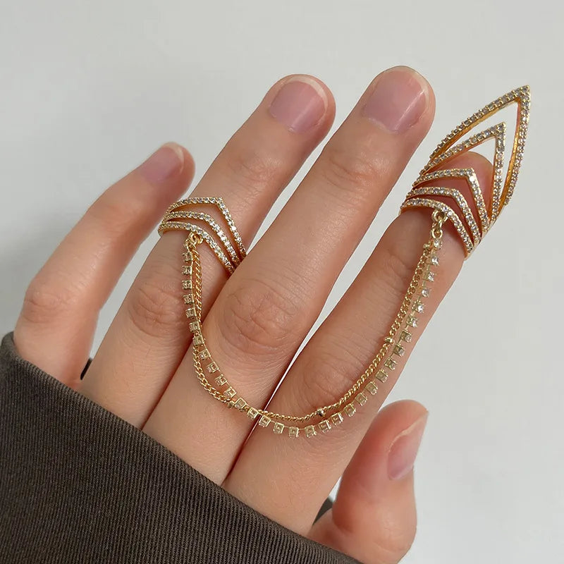 DUYIZHAO New Arrival Ins Popular Geometric Zirconia Micro Paved Two Finger Rings Set Fashion Jewelry Nail Rings for Women Wear