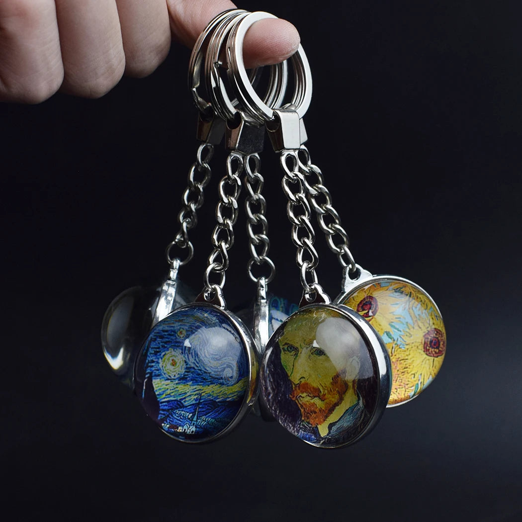 Van Gogh Painting Sunflowers Starry Night Lris Double Side Key Chain 35mm Large Size Glass Ball Keyring Key Holder Souvenir Gift