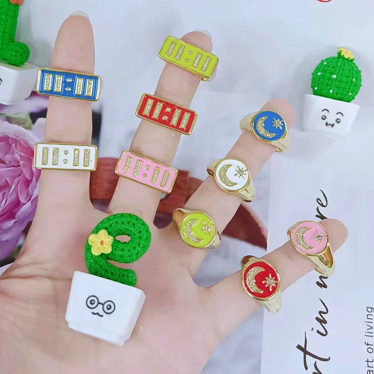 RM1325 18k Gold Plated Cubic Zirconia CZ Paved 11:11 Angel Number Crescent Moon and Star on Enamel Neon Rainbow Round Ring
