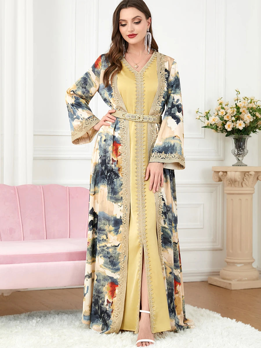 2023 Muslim Islamic Abaya Muslim Ladies Abaya Modest Long Sleeve Dress and Open Abaya Islamic Clothing Set