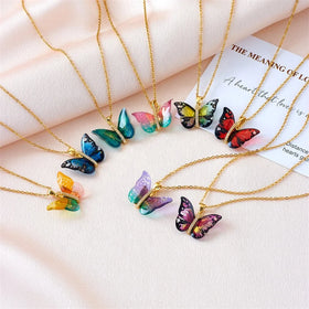 Hot Sale 18K Gold Plated Colorful Butterfly Necklace Colorful Resin Cubic Zirconia Butterfly Clavicle Chain Necklace