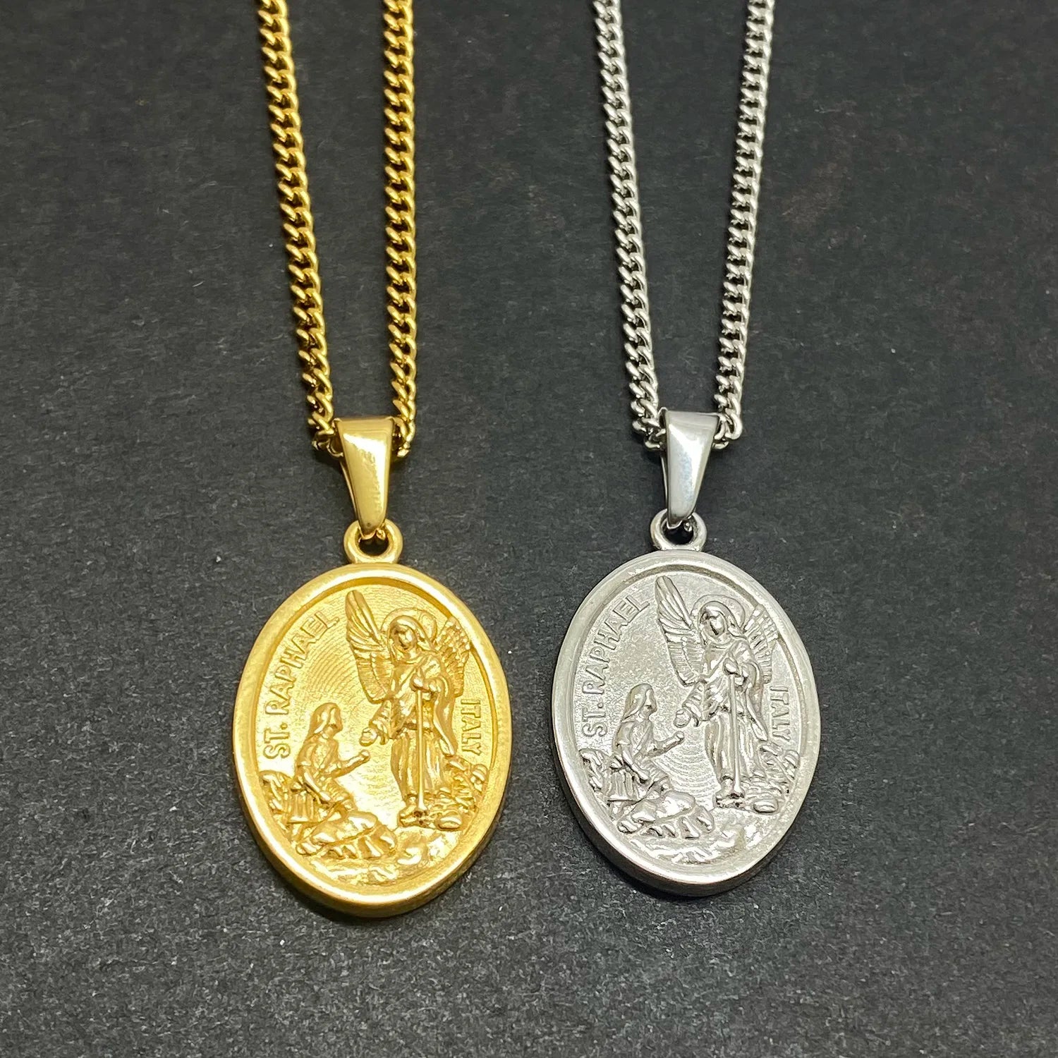 Dainty Gold Religious Saint Raphael Pendant Stainless Steel 27mm Archangel St Gabriel Pendant Necklace for Men Women